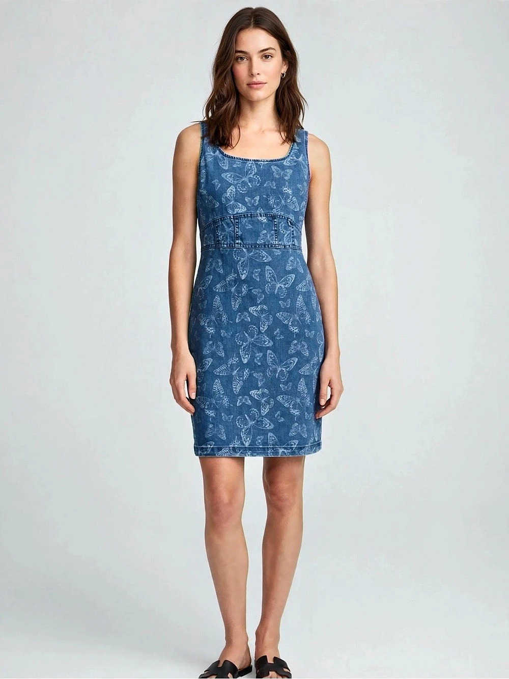 No Boundaries Butterfly Print Denim Mini Dress Blue Size Large